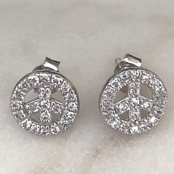 925 Sterling Silver CZ Peace Earrings NEW - Picture 5 of 6